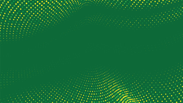 Green and yellow halftone dotted wave pattern on deep green background, abstract organic motion texture for eco branding, modern posters, digital layouts and creative design