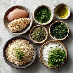 Healthy office lunch ingredients flat lay topdown view clean eating wellness minimalist workspace