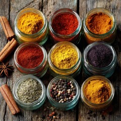 Colorful spices and seasonings for a healthy office lunch topdown view kitchen environment culinary inspiration