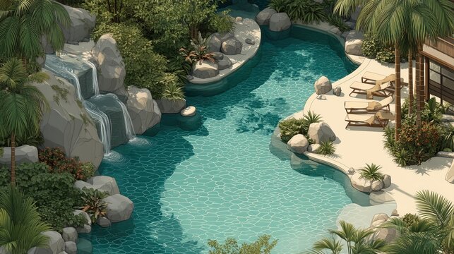 Scenic tropical resort pool with natural rock waterfalls lush greenery and sun loungers