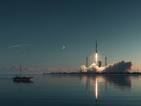 Futuristic rocket launch tower with powerful rocket ascending du daytime over calm ocean with clouds and clear sky in the background