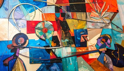 Fototapeta premium Vibrant mixed-media abstract collage featuring geometric shapes, textures, and artist pencils. Creative, layered composition. Perfect for interior art, gallery displays, and artistic backgrounds.