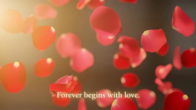 Rose Petals Falling Slowly with Romantic Quote Forever Begins with Love Ai HD video.
