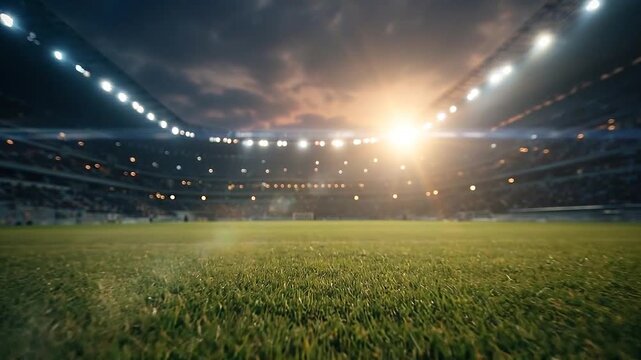 Empty sports stadium with green field under bright lightshd HD 4k 4K,Cricket stadium field at night with glowing floodlightshd HD 4k 4K,Wide view of empty stadium grass field before match,Open stadium