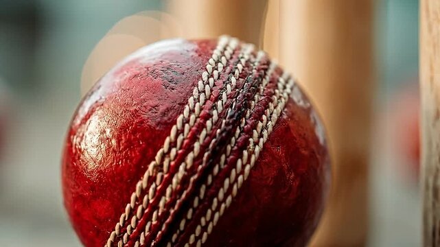 Close up of red cricket ball resting on wooden surface hd HD 4k 4K ,Professional red cricket ball placed near wooden stumps hd HD 4k 4K ,Classic red cricket ball in natural light close up hd HD 4k 4K
