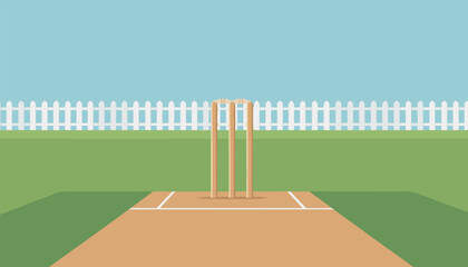 Cricket pitch with stumps and boundary fence. © torik