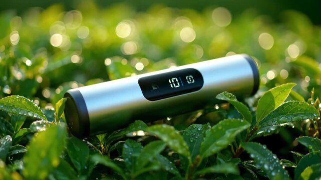 Silver cylindrical device with digital display on wet green leaves with soft sunlight.