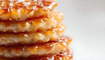 Close-Up View of Deliciously Glazed Round Rice Cakes Stacked on White Background