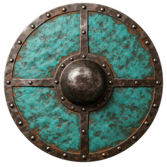 Naklejka premium A historically accurate viking buckler shield with turquoise verdigris patina, isolated on a white background. Concept of preserved antiquity and ruggedness