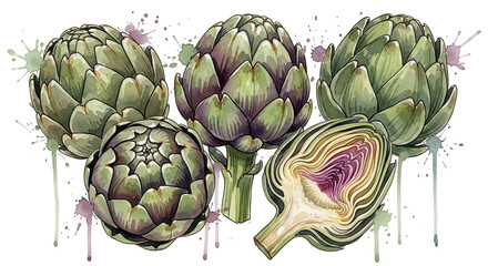 Obraz premium Artichokes in Watercolor Style with Soft Green and Purple Hue on White Background for Culinary Use