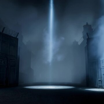 Dark prison gate opening with light beam descending through smoke, emphasizing escape, freedom, and justice concepts, 3d render footage.