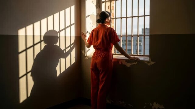 Woman prisoner in orange jumpsuit looking out barred window, with her shadow cast by sunlight in a dimly lit prison cell, depicting incarceration.