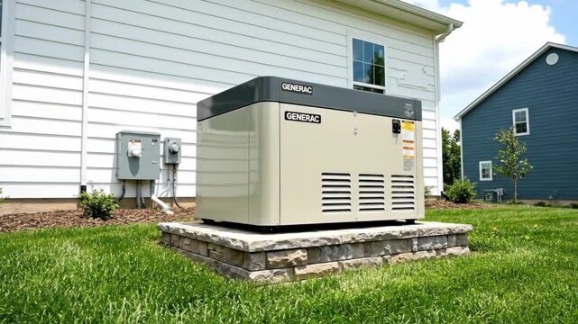 Standby generator unit beige exterior with gray top on stone pad in grassy yard next to house.