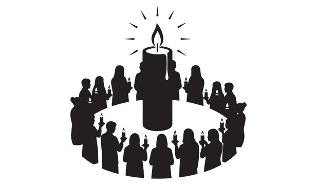 Silhouettes of diverse individuals forming a heartfelt circular vigil, each holding a lit candle, gathered around a prominent central candle, isolated on a clean white