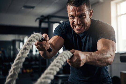 Muscular athletic man training with battle rope doing intense cardio exercise in modern gym fitness center