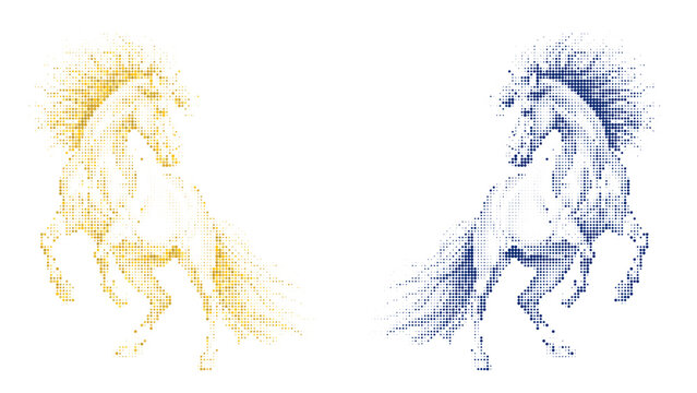 Dynamic halftone horses, rearing equine dotted art with transparent background Vector