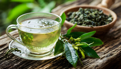 A cup of herbal green tea accompanied by fresh tea leaves on a wooden surface with a natural setting, a drink promoting wellness