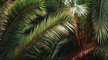 Naklejka premium Lush tropical palm leaves with sunlight in vibrant greenery.