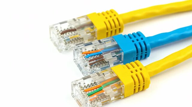 Close up of three network ethernet cables yellow and blue with transparent connectors on white background