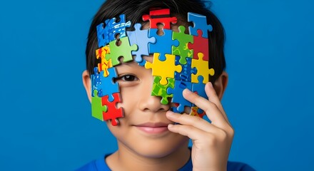 A young boy with puzzle pieces on his face and hand