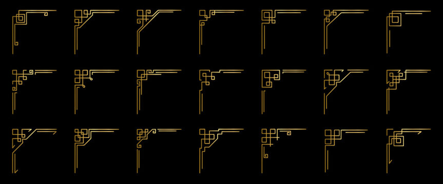 Gold geometric corner frames doodle set. Vintage angle border and golden elegant decorative elements for wedding invitations. Vector illustration isolated on black background