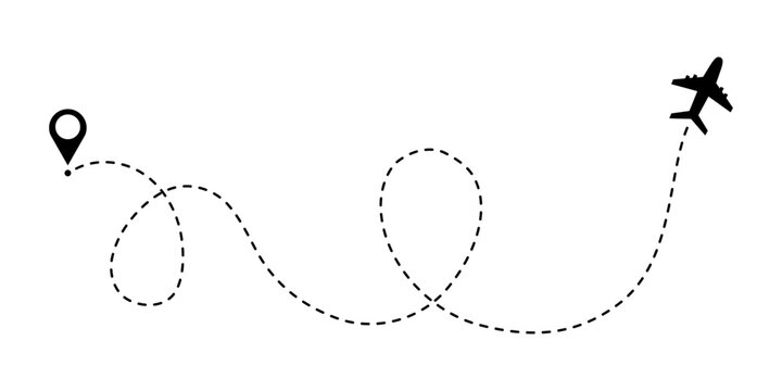 Airplane flight path doodle icon. Dotted map route for travel and journey, dash line air plane route. Vector illustration isolated on white background