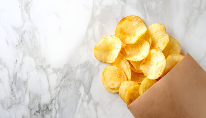 Crunchy Potato Chips in Eco-Friendly Packaging on Elegant Marble Surface