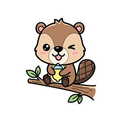 Fototapeta premium Cute cartoon bear holding honey jar on tree branch with autumn leaves