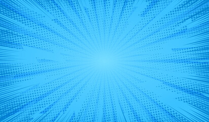 Comic background. Blue background in pop art comics style. Cartoon thunder lightning. Game show. Funny book page. Fun dot  popart pattern for sale. Sunburst bubble. Starburst bg. Vector illustration © Omeris