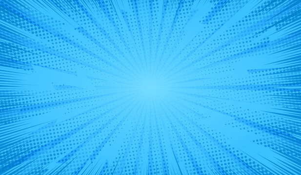Comic background. Blue background in pop art comics style. Cartoon thunder lightning. Game show. Funny book page. Fun dot  popart pattern for sale. Sunburst bubble. Starburst bg. Vector illustration