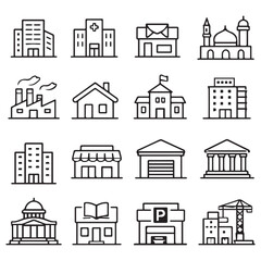 Outline Building Icon Set &ndash; City, Office, Hospital, Mosque, Factory and Public Buildings Vector Icons.