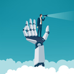 Obraz na płótnie Canvas A businessman scanning the horizon with binoculars, raised with a large robotic hand symbolizing help of artificial intelligence. Visionary leadership and success. Concept business illustration