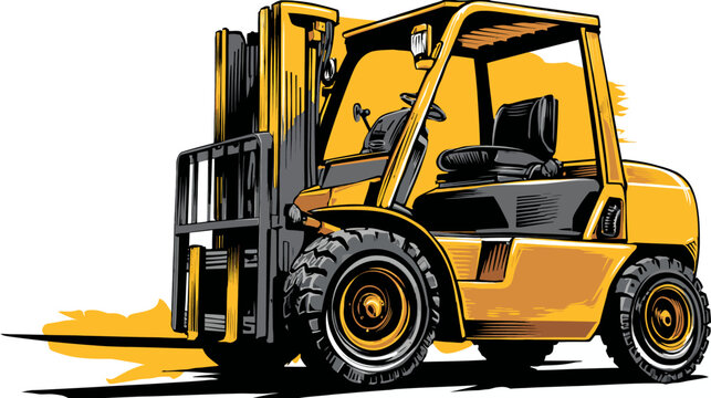 A detailed illustration of a forklift in yellow and black. The scene is brightly colored