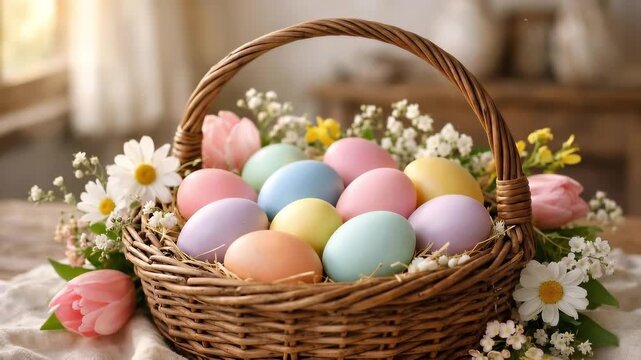 Festive wicker basket filled with colorful pastel easter eggs sitting on a rustic wooden table, beautifully decorated with fresh spring flowers like tulips, daisies, and gypsophila