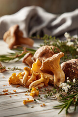 Fresh wild mushrooms on rustic wooden table with herbs. Autumn harvest, forest food, organic ingredients, and gourmet cooking concept.