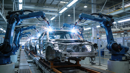 Fototapeta premium A car frame undergoes welding by multiple blue robotic arms on an assembly line, with bright sparks illuminating the industrial factory environment
