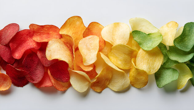 Colorful Array of Crisp Potato Chips with Bright Red, Green, and Yellow Shades on Light Background