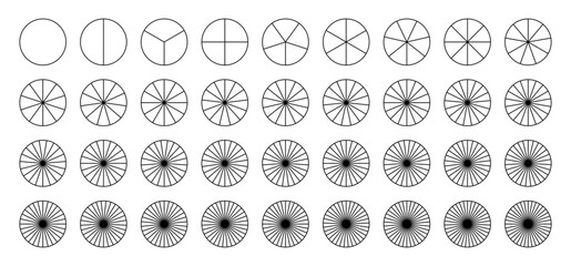 Sectors divide the circle on equal parts. Parts of diagram wheel from 1 to 36. Pie chart. Coaching blank template. Segmented charts. Outline black graphics. Pie charts, pizza chart.