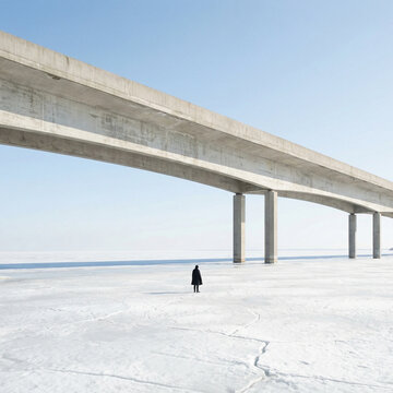 Campo de hielo, minimal surrealista, microarquitectura, puente, viaducto minimalista