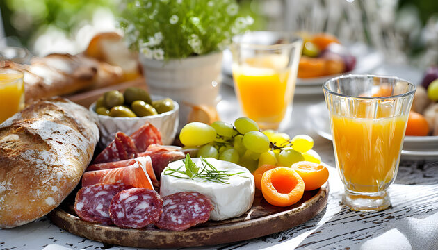 Summer picnic brunch board with Italian salami, artisan bread, creamy soft cheese, olives, apricots, grapes, and orange juice on a bright table, cheerful daylight, fresh and inviting Mediterranean sna