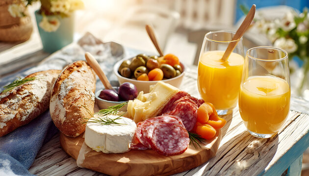 Summer picnic brunch board with Italian salami, artisan bread, creamy soft cheese, olives, apricots, grapes, and orange juice on a bright table, cheerful daylight, fresh and inviting Mediterranean sna