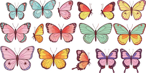 Colorful butterfly vector set with hand drawn insects in pastel style for decorative design and nature illustration © Momota