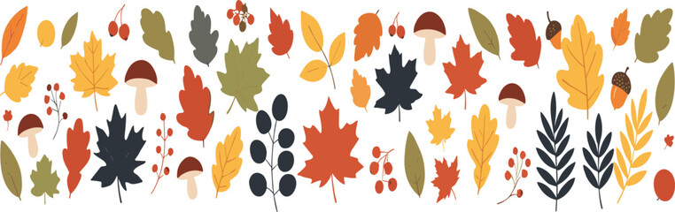 Autumn leaves and forest elements vector set with mushrooms, berries and colorful fall nature decoration collection © Momota
