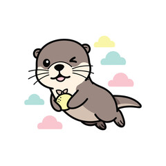 Fototapeta premium Cute cartoon otter holding fish swimming underwater with colorful bubbles flat design