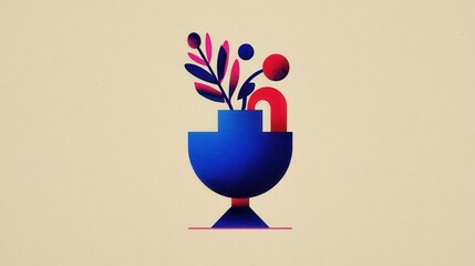 Abstract Still Life Composition with Blue Vase Red Accents and Dark Pink Leaves on Beige Background with Granular Texture and Minimalist Geometric Shapes