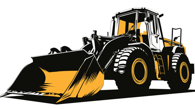 Graphic depiction of a front loader, featuring a large scoop and a cabin, in black and yellow