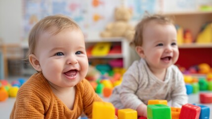 Naklejka premium Caucasian babies playing happily with colorful blocks in playroom.