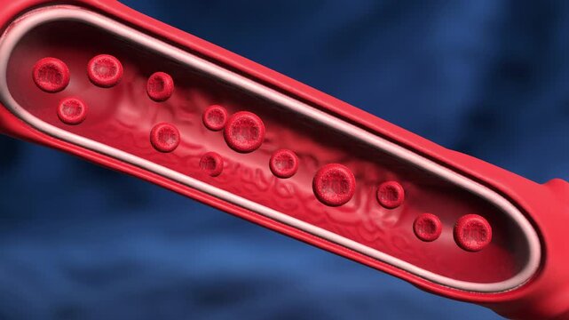 3D animation of Red Blood Cells with NAD text flowing inside blood vessel or artery