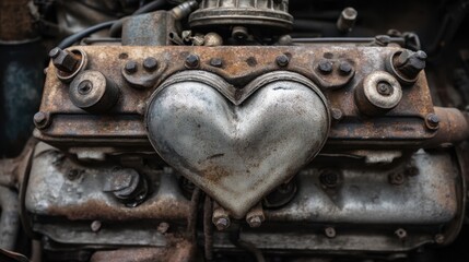 Fototapeta premium Heart-shaped engine part on rusted vintage machinery.
