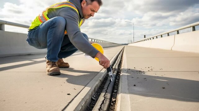 Construction worker performing inspection on expansion joint of bridge to monitor infrastructure maintenance and repair